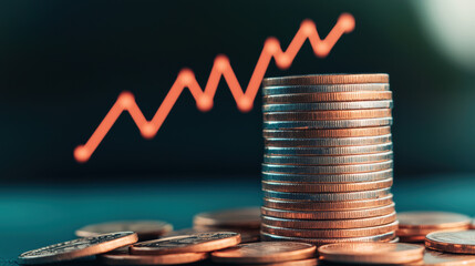 Poster - Stack of coins with upward trend arrow indicating financial growth, business success, investment opportunities, and economic prosperity.