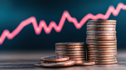 Poster - Stacked coins with a rising graph in the background symbolize financial growth, investment success, and positive economic trends, emphasizing wealth increase.