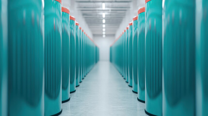 Poster - Modern data center with rows of teal-colored server racks. Symmetrical aisle creating a futuristic, high-tech atmosphere.