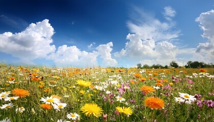 Wall Mural - Field of Wildflowers with Blue Sky and Fluffy Clouds