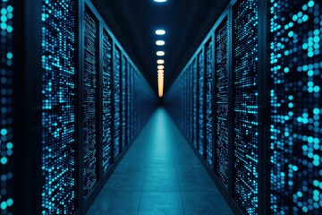 Poster - Modern data center corridor with rows of illuminated servers and a futuristic sci-fi ambiance. Perfect for technology and infrastructure themes.