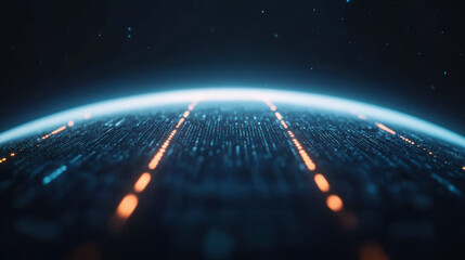 Poster - A futuristic digital landscape with glowing lines and dots resembling a technological horizon. Perfect for technology and digital innovation themes.