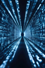 Aufkleber - Abstract futuristic background with a digital matrix of blue lines and lights forming a tunnel-like structure, symbolizing fast data transfer.