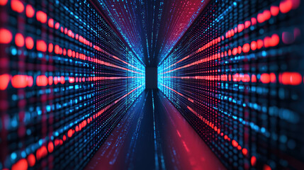 Poster - Futuristic digital hallway with glowing red and blue lights, creating a tunnel effect symbolizing technology and data flow, perfect for tech concepts.