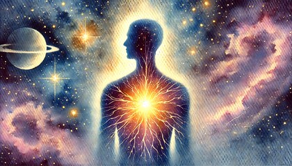 A watercolor painting in a wide aspect ratio depicting the silhouette of a person, with their soul and spirit illuminated from within