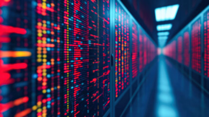 Poster - Abstract image of a server room with rows of servers and glowing data lights, representing modern technology, big data, and digital communication.