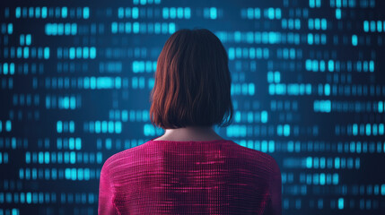 Poster - Person with short brown hair wearing a red shirt, back facing camera, looking at blue digital code projections in dark futuristic setting.