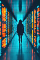 Poster - Silhouette of a woman standing in a data center corridor surrounded by glowing server racks, representing technology and data science.