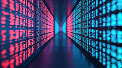 Poster - A futuristic data center hallway with glowing blue and red lights representing digital information and technology advancement.