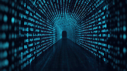 Poster - A futuristic tunnel with digital binary code walls, glowing in blue light. Perfect for technology, cybersecurity, or digital transformation concepts.