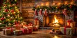 © Neungruedee - Cozy Christmas scene with fireplace, gifts, and festive decorations, Christmas, holiday, celebration, cozy, fireplace, gifts