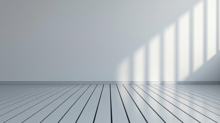 Poster - Minimalist empty white room with wooden floorboards, natural light casting shadows from a window. Clean, modern, simple design, ideal for backgrounds.