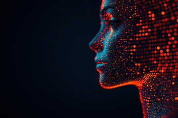 Poster - profile of a digital human face composed of glowing red dots on a dark background, symbolizing techn