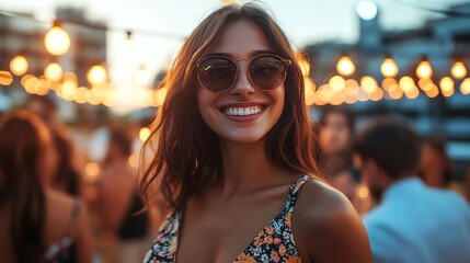 A young woman wearing sunglasses and a floral top smiles at the camera at a gathering.