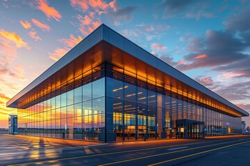 Modern airport terminal building, entrance exterior 