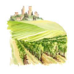 Wall Mural - Italian rural landscape with vineyard in the foreground, fields and hills, cypress trees, watercolor illustration. Mediterranean Europe horizontal scenery with ancient houses, towers for travel design