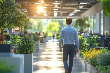 Poster - A businessman walks through a modern office with greenery