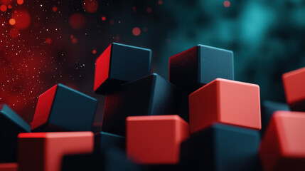 Poster - Abstract   of red and black cubes in a dynamic arrangement with blurred background, conveying a sense of modernity, technology, and innovation.