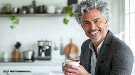 Sticker - Confident Mature Man Enjoying Coffee in Modern Kitchen