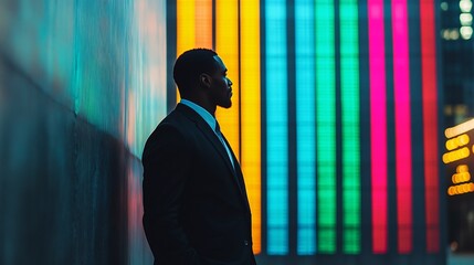 Businessman standing near colorful building at night