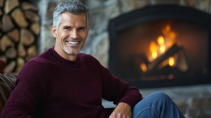 Sticker - Smiling Mature Man Relaxing by Fireplace in Cozy Home Setting