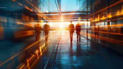 Abstract blurred office scene with blue and orange colors
