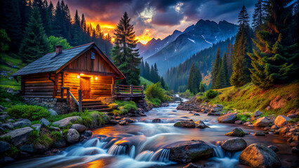 Wall Mural - A wooden cabin sits peacefully by a flowing river, surrounded by trees and mountains, illuminated by the warm glow of a sunset