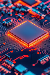 Poster - Close-up of a computer chip on a circuit board, glowing with red light, showcasing the intricate details of modern technology and electronics.