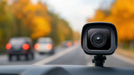 Close-up of a dashcam on a car dashboard with a blurred autumn background, capturing the essence of a road trip in fall.