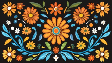 Wall Mural - A colorful floral design with a blue and green border