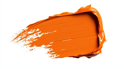 Poster - Closeup of a vibrant orange paint stroke isolated on a white background, showcasing texture and artistic impression.