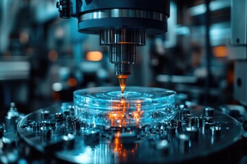 Poster - Close-up of Industrial Machine Drilling into a Transparent Circular Object