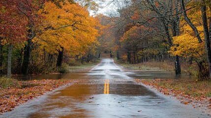 A serene landscape showing an autumn road partially submerged in water, flanked by trees with fall foliage 