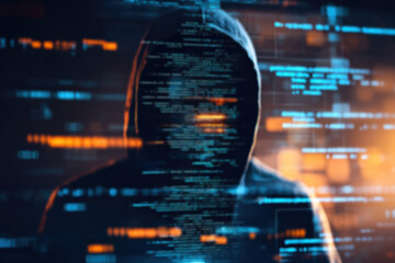 Poster - Hooded figure with digital code overlay, depicting cyber security, hacking, and digital threats in a dark, tech-themed atmosphere.
