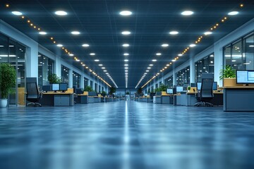 Poster - Empty Modern Office Corridor with Row of Desks and Computers