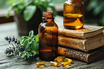 Herbal Supplement Bottles and Capsules on Rustic Tabletop with Books and Plants