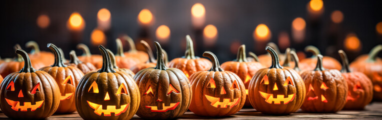 Wall Mural - A row of pumpkins with their eyes lit up, creating a spooky and festive atmosphere. The scene is likely set up for a Halloween party or event