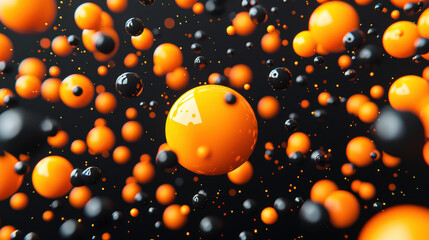 Poster - Vibrant orange and black spheres floating in a dark abstract background creating a dynamic and visually striking artistic composition.