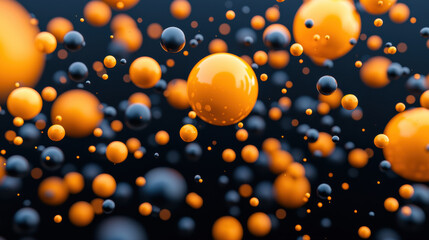 Poster - Abstract background with floating orange and black spheres on a dark backdrop creating dynamic and vibrant visual texture.