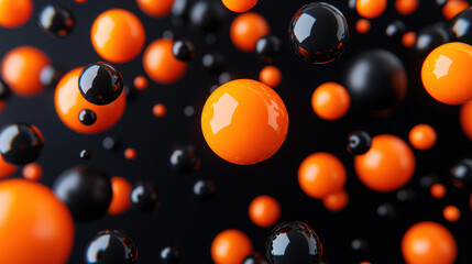 Poster - Abstract image featuring numerous floating orange and black spheres on a dark background, showcasing depth and dynamic movement.
