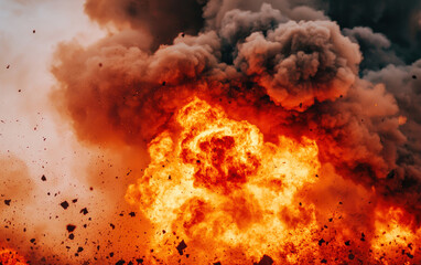 dramatic explosion with fiery orange flames and dark smoke, showcasing intense destruction and dynam