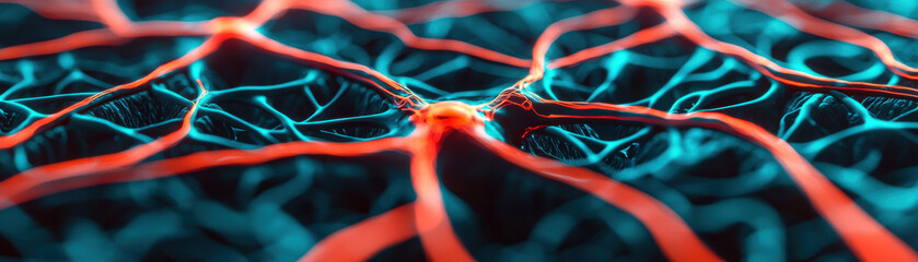 Poster - Abstract visualization of neural network connections with vibrant blue and red light, showcasing data pathways and digital connectivity.