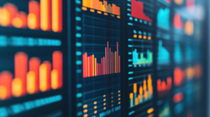 Poster - Colorful data visualization on a screen displaying various charts and graphs. High-tech dashboard for business analysis and data insights.