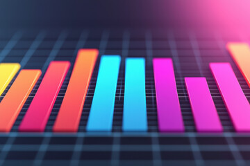 Poster - Colorful  bar chart with gradient hues on a dark grid background, representing data analysis, statistics, and financial growth.
