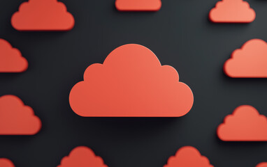 Seamless pattern of red cloud icons on a black background representing data storage, cloud computing, and modern technology concepts in a minimalist style.