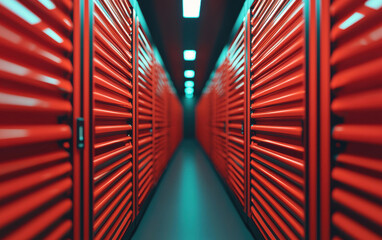 Poster - Modern data center corridor with red server racks and neon blue lighting creating a futuristic look in a high-tech facility