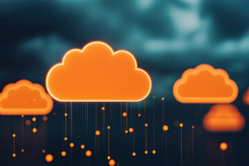 Poster - Glowing orange cloud icons representing digital technology and cloud computing in a dark ambiance with a futuristic atmosphere.