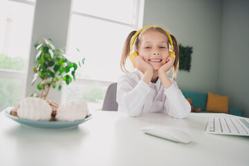 Wall Mural - Photo portrait of cute adorable girl headphones eat lunch sweets cheerful remote lesson education from home indoors