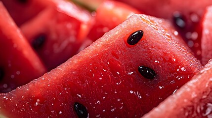 Bright macro shot of juicy watermelon slices, vibrant red fruit, close-up texture, glistening flesh, black seeds, various cuts and shapes, fresh summer produce.