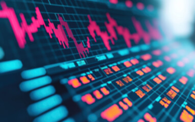 Poster - Close-up of a stock market chart with red rising and falling candlestick patterns on a digital screen displaying financial data and market trends.